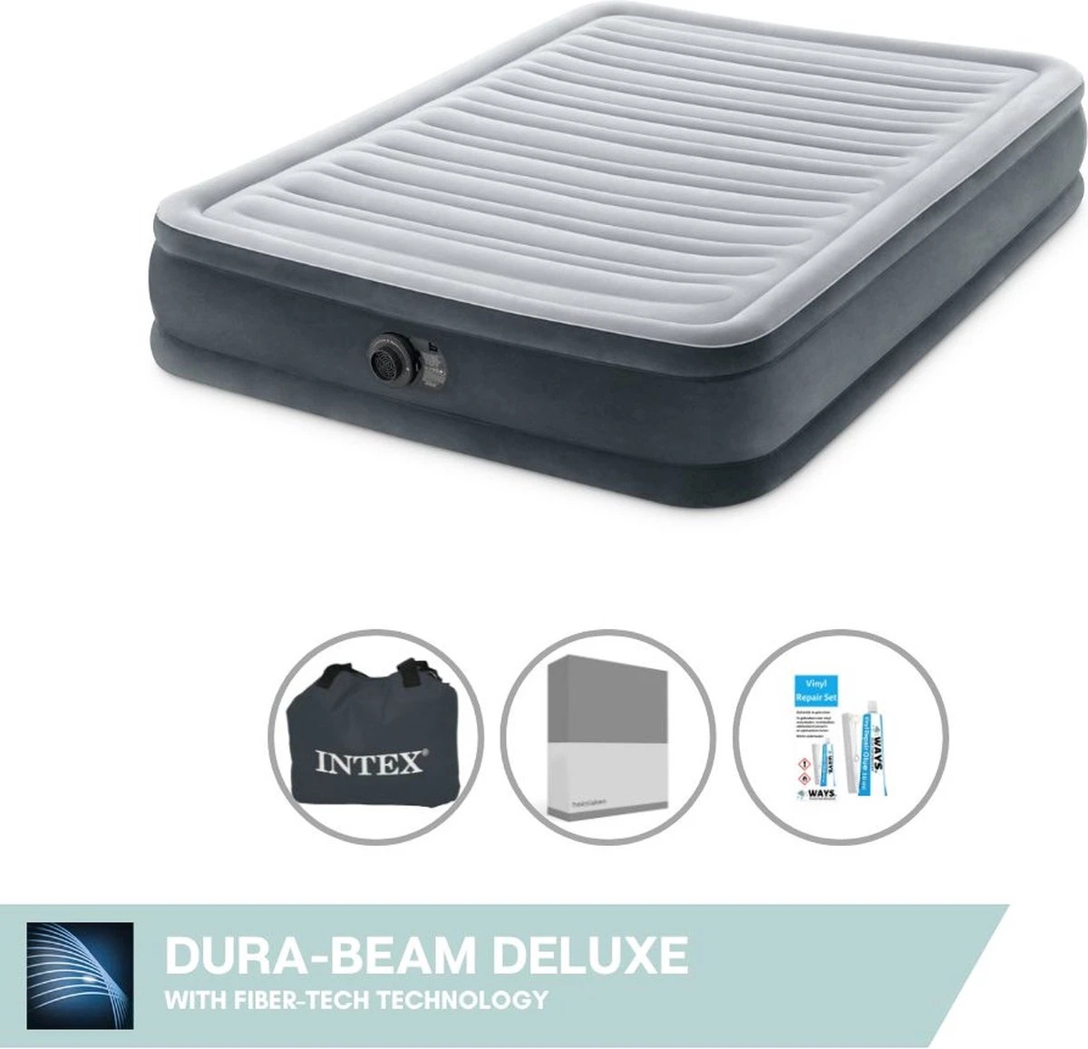 Intex Luchtbed - Twijfelaar - 137 X 191 X 33 Cm - Grijs - Met Ingebouwde Pomp, Hoeslaken Antraciet En Reparatieset 1 Intex Luchtbed - Twijfelaar - 137 X 191 X 33 Cm - Grijs - Met Ingebouwde Pomp, Hoeslaken Antraciet En Reparatieset